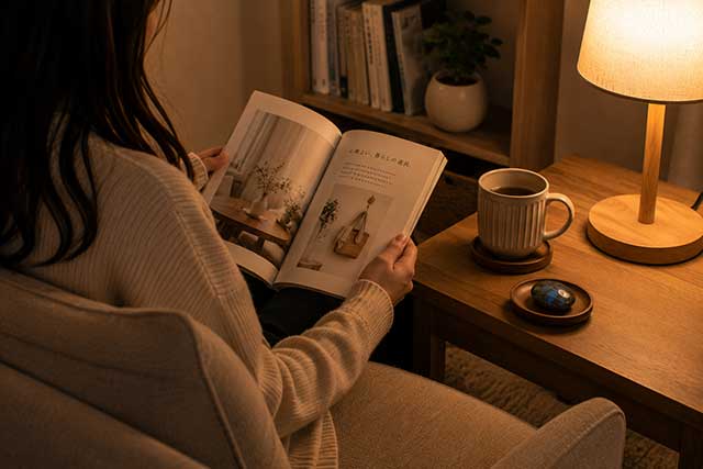 読書やお茶の時間に やわらかな灯りの中で、昼間とは違う落ち着いた輝きに出会えます。
